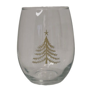 Stemless Wine Glass Gold Christmas Tree w/Star Holiday Season 16 oz Single